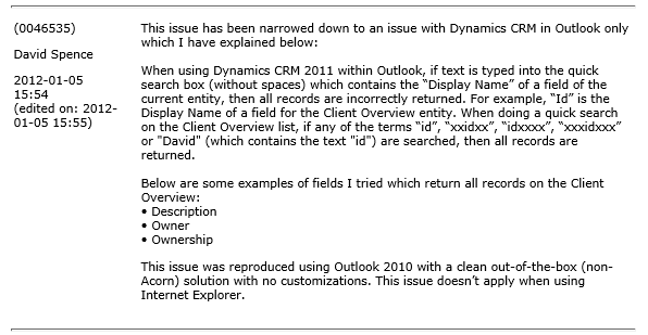dynamics crm 2011 bug report